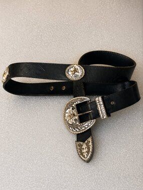 Western Concho Belt Black Leather Rodeo Cowboy Engraved Silver Buckle Size 40 3D